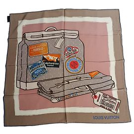 Lenço de seda Louis Vuitton Tema Viagem Marrom Rosa Branco Azul Bege