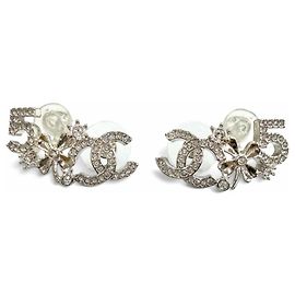 CHANEL B23P Coco Mark No. 5 Clover Rhinestone Earrings Silvery