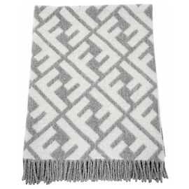 Fendi Gray Alpaca Wool Blend FF Logo Blanket Brown