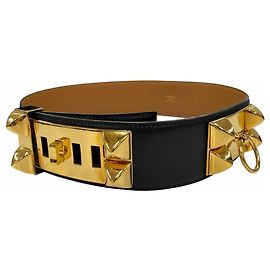 Hermès Hermes Vintage Collier de Chien 50 Cinturón de cuero Negro Dorado