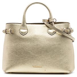 Bolsa de ombro Burberry Gold Medium em couro metalizado e House Check Dourado