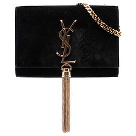 Saint Laurent Borsa a tracolla Kate piccola in scamosciato nero con monogramma e nappa Nero
