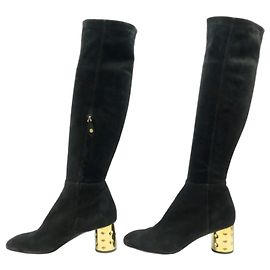 Louis Vuitton Talons Dorés Black Suede Over-the-Knee Boots Black