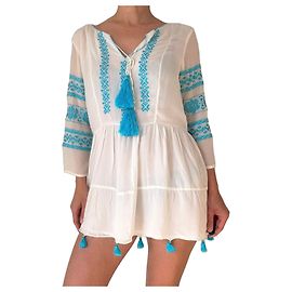 Autre Marque Robe courte Rococo Sand blanche brodée avec pompons Blanc Bleu