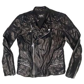 Autre Marque Tigha Double Breasted Slim Fit Black Leather Biker Jacket Black