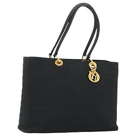 Borsa Tote Lady Dior in nylon nero e oro Christian Dior Auth ep14490 Nero D'oro
