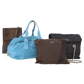 LOEWE PRADA Shoulder Bag Suede Nylon 4 Set Brown Navy blue Auth 177843 Brown Blue Navy blue