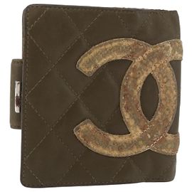 CHANEL Cambon Line Bifold Wallet Embossed leather Khaki CC Auth 176408 Khaki