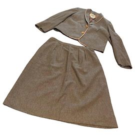 Conjunto de saia e casaco de lã cinza vintage Hermès Marrom Cinza