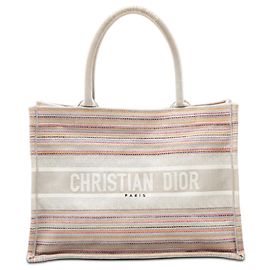 Book Tote Dior Gris Taille Medium en Toile Brodée à Rayures Marron Gris