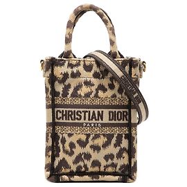 Dior Beige Mizza Mini Embroidered Canvas Leopard Vertical Book Tote Beige