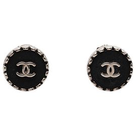 Chanel Black CC Brass Enamel Button Clip on Earrings Black