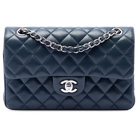 Chanel Blue Small Classic Lambskin Double Flap Blu Blu scuro