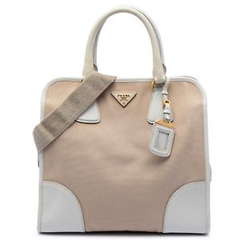 Bolsa Prada Beige Saffiano Trimmed Canvas Canapa Bege