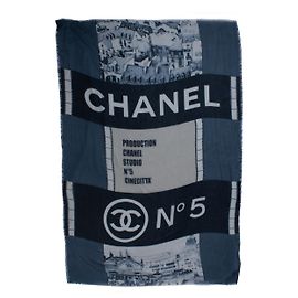 Chanel, Sciarpa in cashmere CC Cinema blu e bianco Multicolore