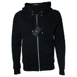 Balmain, cardigan nero con cappuccio e logo in rilievo Nero