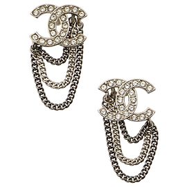 Chanel Silver Crystal CC Chain Earrings Silvery Metallic