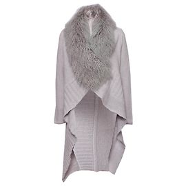 Blumarine, cardigã de lã cinza com gola de pele. Cinza