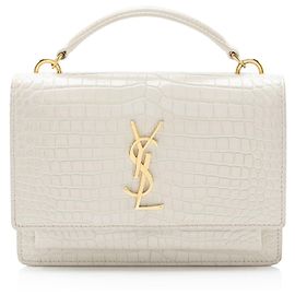 Saint Laurent Croc Embossed Leather Monogram Sunset Chain Wallet White