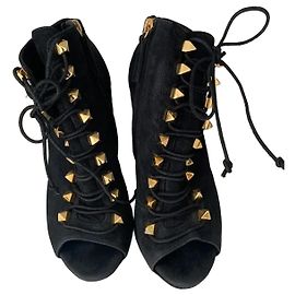 Giuseppe Zanotti Black Suede Studded Peep-Toe Ankle Boots Black