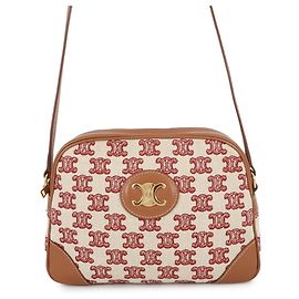 Céline Bolsa de Ombro Celine Triomphe Canvas Leather Marrom Branco Vermelho