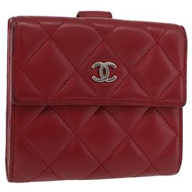 CHANEL Matelasse Compact Wallet Lamb Skin Red Silver CC Auth 179886A Silvery Red