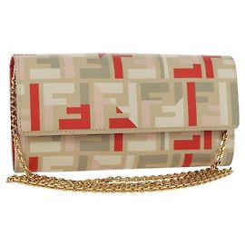FENDI Zucca Canvas Chain Long Wallet PVC Beige Gold Auth 177346M Beige Golden
