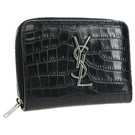 SAINT LAURENT Cassandra Compact Wallet Croco Embossing Black Auth 179335M Schwarz