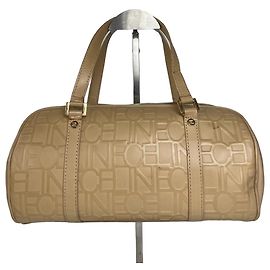 Céline Celine Beige Leather Bowling Bag Embossed Logo Pattern Beige