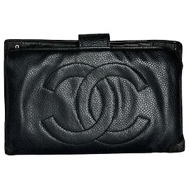 Chanel Black Leather Embossed Logo Wallet Accessory Black