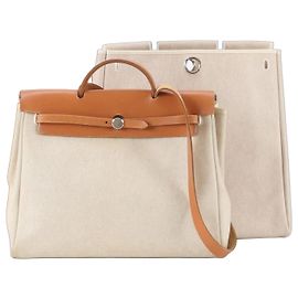 Hermès Hermes Herbag MM Leather Toile 2-Way Shoulder Bag Beige