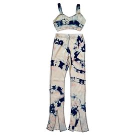 Autre Marque Kapital Conjunto de Algodón Crop Top y Pantalones Flare Tie-Dye Blanco Azul