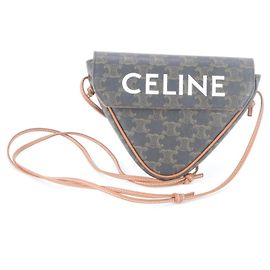 Céline Celine Triomphe Canvas Triangle Leather Shoulder Bag Dark brown