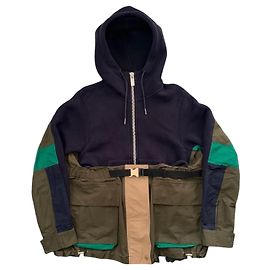 Sacai Giacca Ibrida Multipocket con Cappuccio Marrone Blu Verde