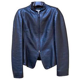 Agnona Black Embossed Crocodile-Effect Leather Jacket Black