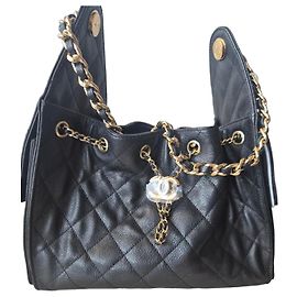Chanel Black Quilted Leather Drawstring Bag Black