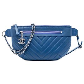 Chanel Blue CC Chevron Lambskin Top Zip Belt Bag Bleu