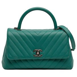 Sac Chanel Green Medium Chevron Caviar Coco Top Handle Vert