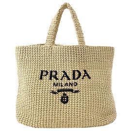 Prada Beige Large Raffia Effect Crochet Embroidered Logo Tote Beige