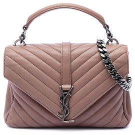 Sac College Saint Laurent en peau de mouton marron avec monogramme Chevron taille Medium Marron Chair