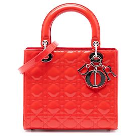 Lady Dior Cannage en cuir verni Orange Medium Orange