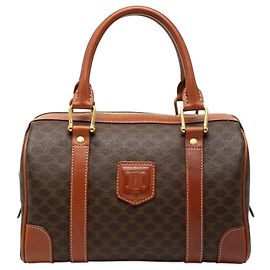 Céline Celine Brown Macadam Coated Canvas Boston Bag Brown