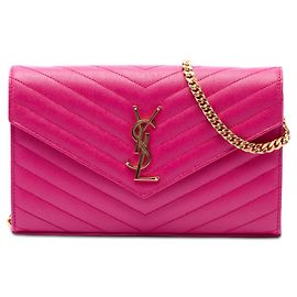 Saint Laurent Pink Grain De Poudre Chevron Monogram Envelope Chain Wallet Pink