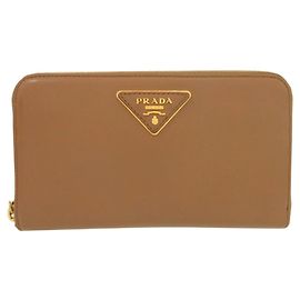 Prada Brown Leather Long Wallet Brown Camel