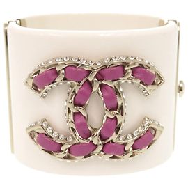 Pulseira rígida Chanel Coco Mark com strass Rosa Branco Dourado