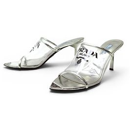 PRADA HEELED MULES 39 PVC & LEATHER SILVER LOGO SHOES Silvery