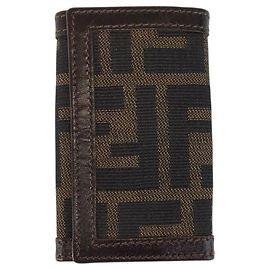 Porte-clés en cuir et toile Zucca Fendi Marron