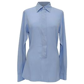Victoria Beckham Logo-Embroidered Blouse in Blue Silk Blue