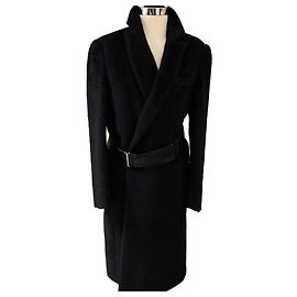 Agnona Black Alpaca Wool Blend Wrap Coat with Leather Belt Black