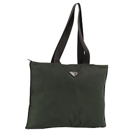 PRADA Tote Bag Nylon Khaki Silver Auth 179851 Silvery Khaki
